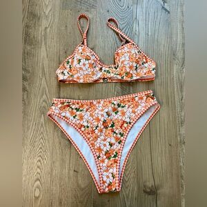 Padded Floral Orange Bikini Set High Waisted